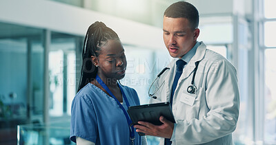 Buy stock photo Doctor, surgeon and tablet with discussion, team and feedback with medical research at hospital. Healthcare professional, man and woman with app, report or review with advice for solution at clinic