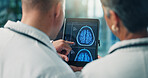 Hands, doctors and tablet for brain scan, neurology and mri on screen for team collaboration at clinic. People, medical research and healthcare professional with app, xray or neuroscience at hospital