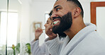 Couple, brushing teeth or mirror in bathroom for dental hygiene, wellness or morning in home. Man, woman or oral care with reflection or toothbrush for routine, cleaning mouth or gum health in house