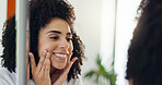 Beauty, cream and mirror with woman in bathroom of home to apply facial product to skin. Lotion, moisturizer and reflection with happy African person in apartment for cosmetic dermatology or skincare