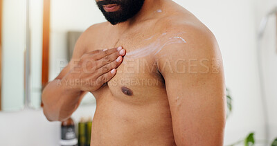 Buy stock photo Hand, body and cream for skincare with man in bathroom, routine and moisturizing for self care at home. Lotion, grooming and cosmetics with topless male person in house for dermatology or beauty