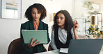 Business, help and women in office, tablet and teamwork with feedback for news report. People, journalist and employees in workplace, tech or online magazine with website review or planning for story
