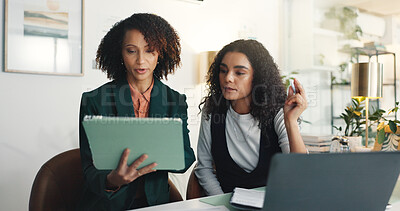 Buy stock photo Business, help and women in office, tablet and teamwork with feedback for news report. People, journalist and employees in workplace, tech or online magazine with website review or planning for story