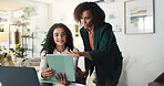 Business, help and women in workplace, tablet and teamwork with advice for news report. Proofreading, journalist and employees with tech, website review or online magazine with planning for story
