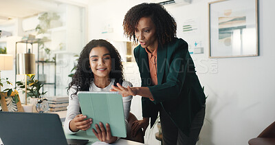 Buy stock photo Business, help and women in workplace, tablet and teamwork with advice for news report. Proofreading, journalist and employees with tech, website review or online magazine with planning for story