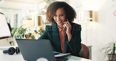 Buy stock photo Business woman, phone call and laptop in office for communication, schedule discussion and news. Planning, person and talk for conversation, negotiation and feedback for company project management