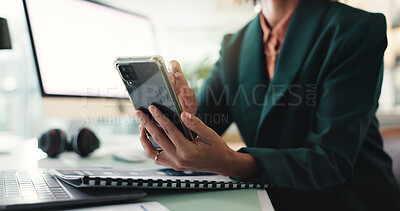 Buy stock photo Hands, smartphone and business woman at desk with scroll, communication or contact for project feedback. Networking, connection and professional female person in office with chat or email for review