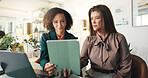 Team, tablet and business women in office for online proposal, project feedback and discussion. Corporate, manager and worker on digital tech for research, website and review for collaboration