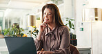 Laptop, reading and thinking with business woman in office for editing or publishing of article. Computer, information and review with editor person in workplace for online magazine or publication