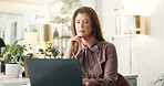 Laptop, reading and review with business woman in office for editing or publishing of article. Computer, information and thinking with editor person in workplace for online magazine or publication