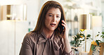 Business woman, phone call and discussion in office for communication, planning schedule and news. Talk, mature person and tech for conversation, negotiation and feedback for project management