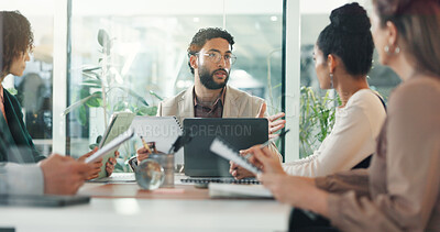 Buy stock photo Businessman, group or laptop in office for meeting, budget review or documents for information. Financial manager, tech or team in accounting agency for discussion, company update or folder with news