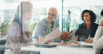 Collaboration, documents and meeting with business people in office for investment or risk management. Conversation, finance and planning with employee team in workplace for feedback or report