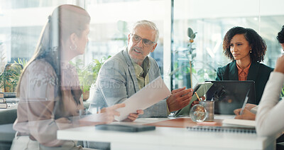 Buy stock photo Collaboration, documents and meeting with business people in office for investment or risk management. Conversation, finance and planning with employee team in workplace for feedback or report
