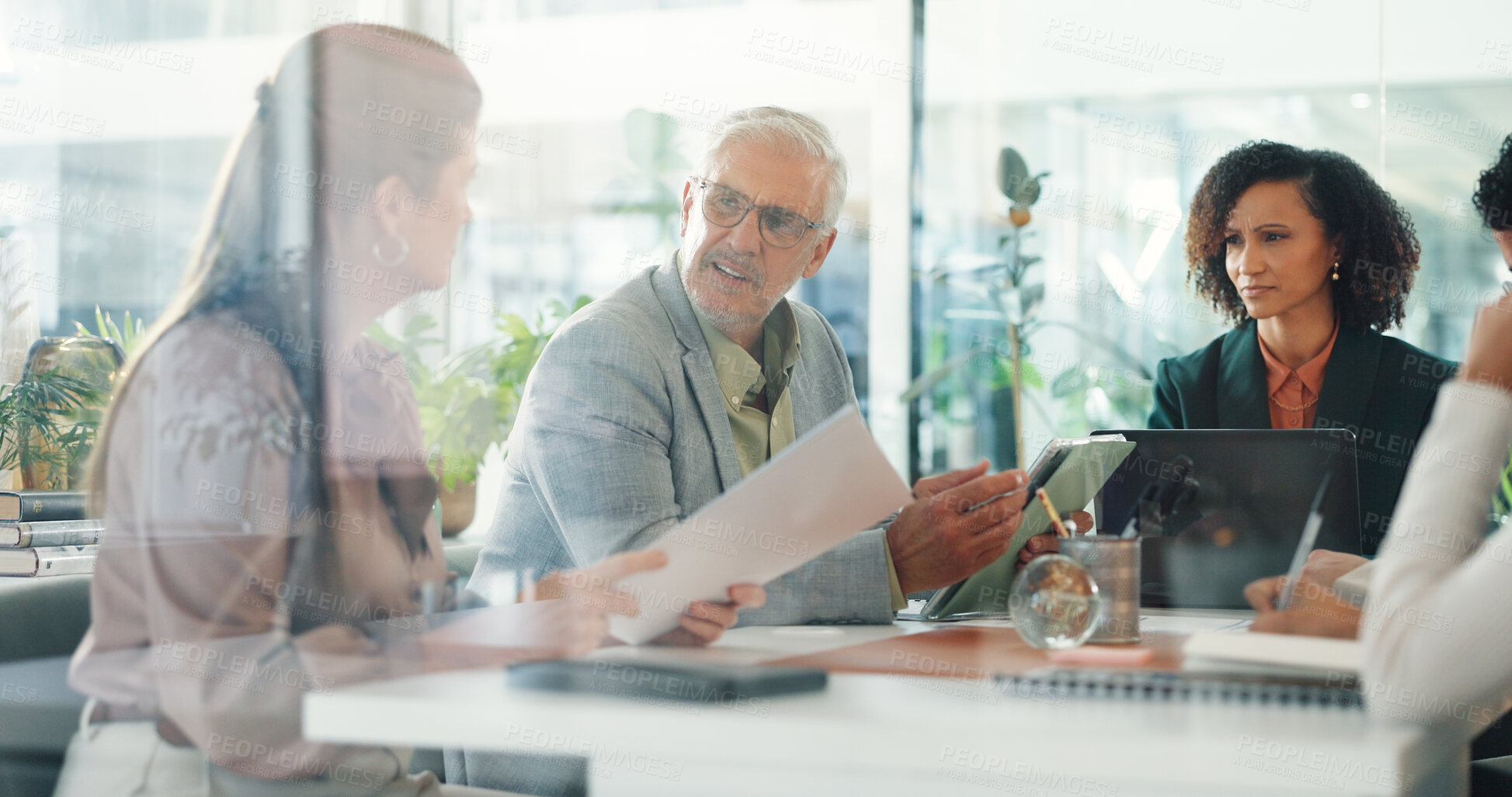 Buy stock photo Collaboration, documents and meeting with business people in office for investment or risk management. Conversation, finance and planning with employee team in workplace for feedback or report