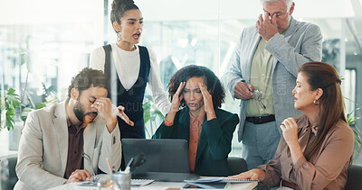 Buy stock photo Stress, business people and laptop in office, group and frustrated with bankruptcy. Poor investment, men or women in workplace, PC and fail with stock market crash, online mistake or financial crisis
