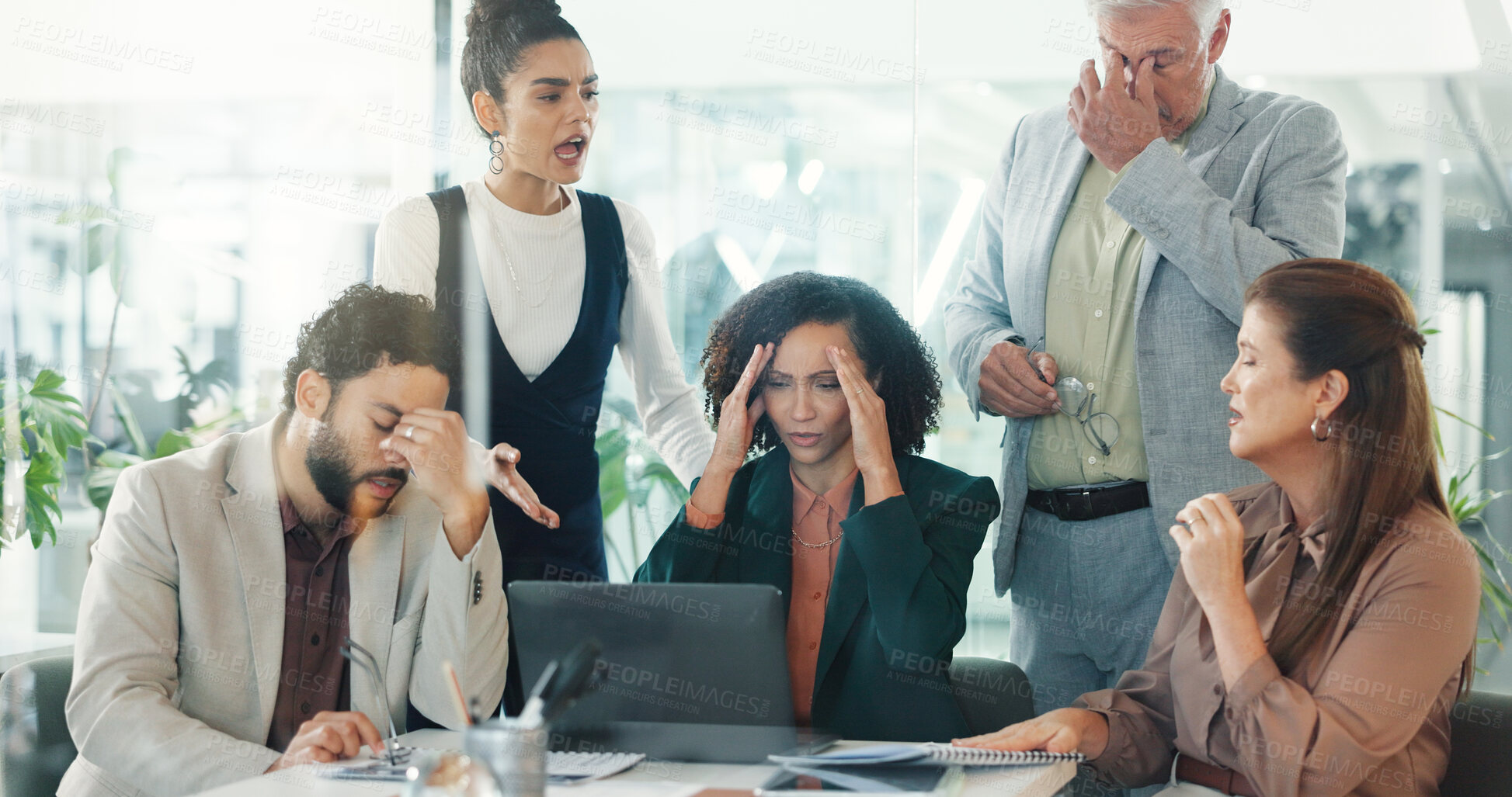 Buy stock photo Stress, business people and laptop in office, group and frustrated with bankruptcy. Poor investment, men or women in workplace, PC and fail with stock market crash, online mistake or financial crisis