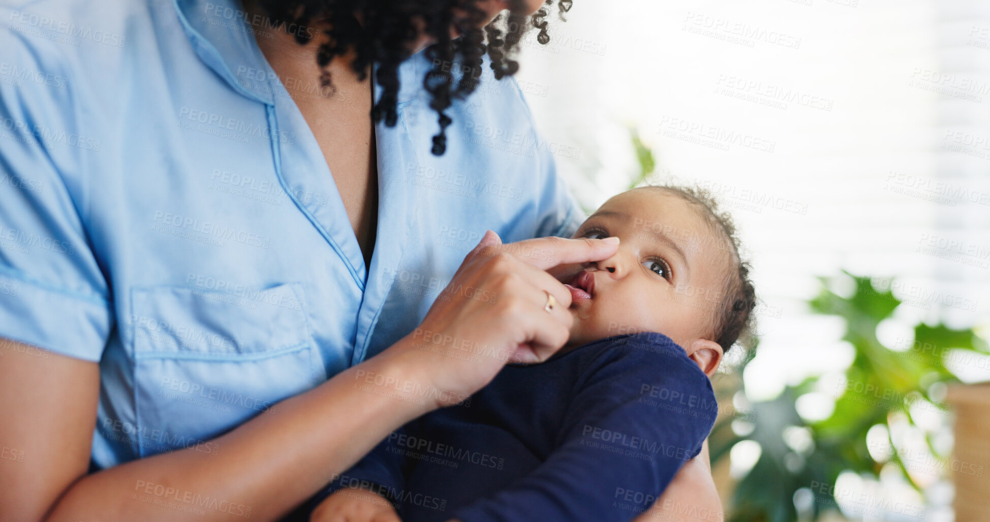 Buy stock photo Mother, hands and playing with baby in home for bonding together, touch nose or connection. Love, family and woman with infant affection for protection, morning routine and child development in house