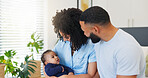 House, parents and relax with baby in bedroom for morning routine, bonding together and support. Love, family and happy people with infant in apartment for connection, security and child development