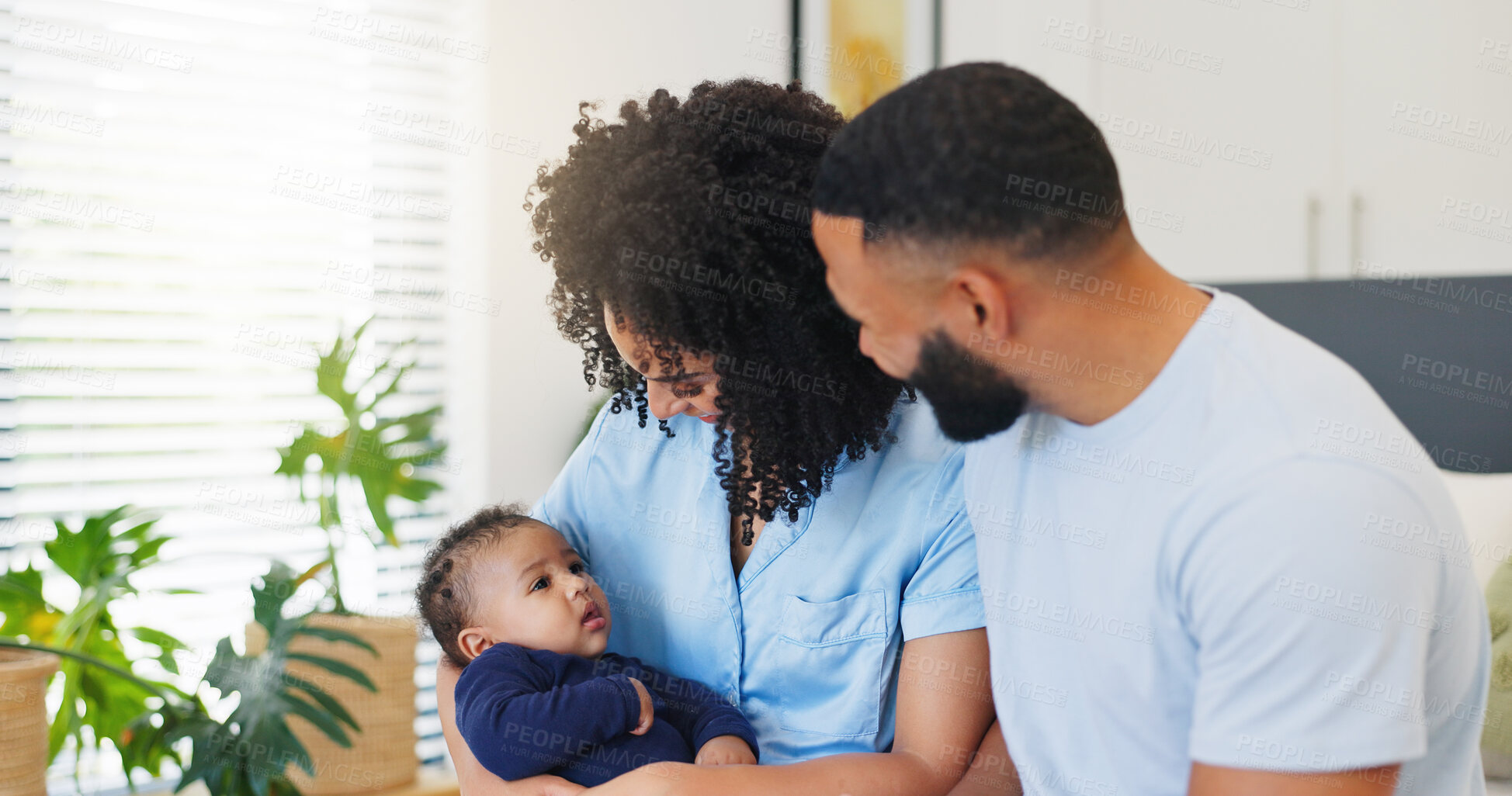 Buy stock photo House, parents and relax with baby in bedroom for morning routine, bonding together and support. Love, family and happy people with infant in apartment for connection, security and child development