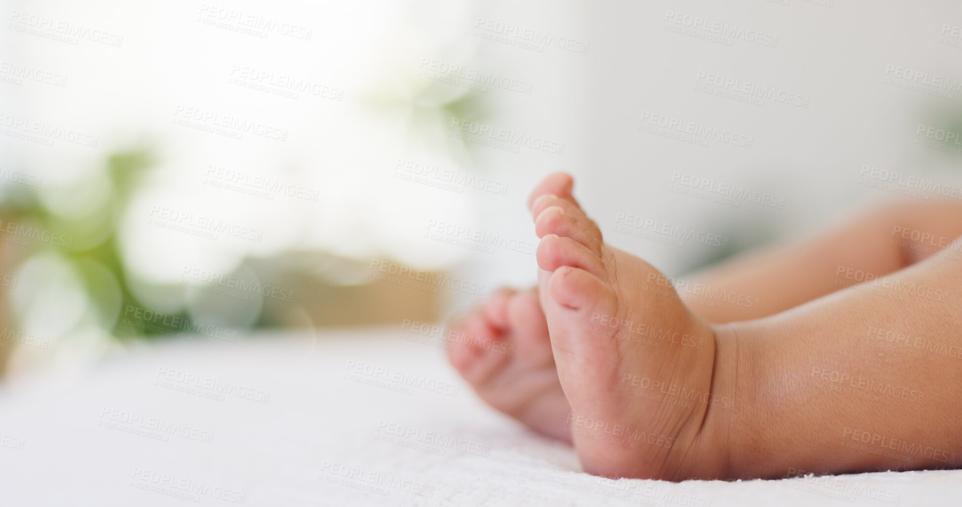Buy stock photo Baby, newborn and feet on bed with sleeping for growth development, security and wellness in home. Space, barefoot and toes of infant in bedroom for resting, morning nap and innocent youth in nursery