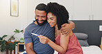 Smile, couple and hug with pregnancy test at house of positive result, good news and ivf success. Happy, people and embrace for fertility kit, family planning and pregnant announcement of future baby