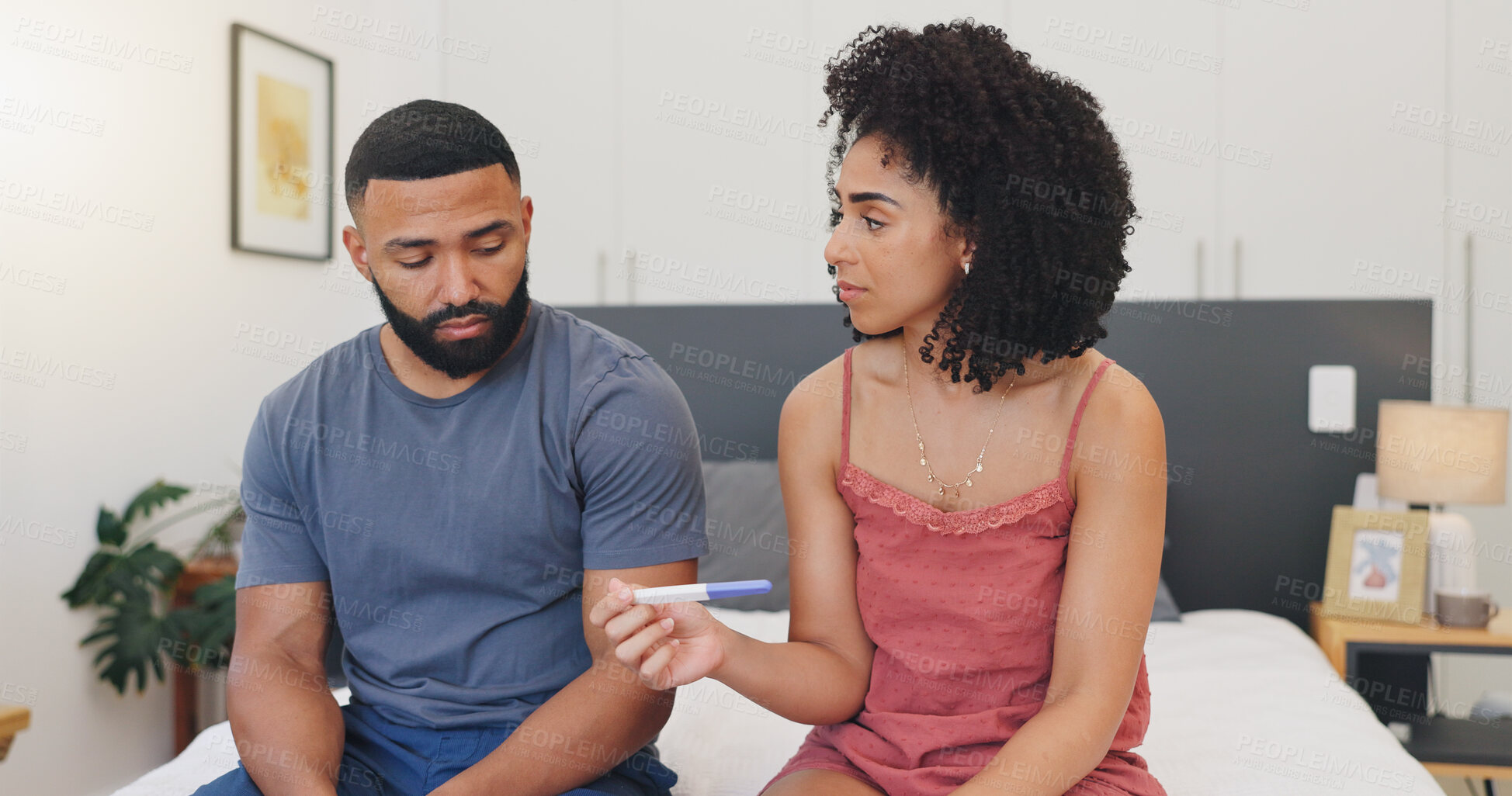 Buy stock photo Frustrated couple, pregnancy test or disagreement with stress for mistake in bedroom or home. Nervous man, woman or worry with maternity stick or results for concern or unplanned fertility in house