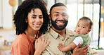 Parents, baby and smile for portrait, home and connection with hug with love in living room. People, mother and father with infant child, care and happy for embrace at family house in Costa Rica