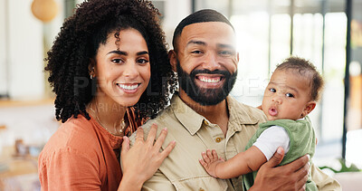 Buy stock photo Parents, baby and smile for portrait, home and connection with hug with love in living room. People, mother and father with infant child, care and happy for embrace at family house in Costa Rica