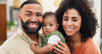 Buy stock photo Parents, baby and happy with portrait, home and connection with hug with love in living room. People, mother and father with infant child, care and smile with embrace at family house in Costa Rica