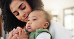Home, mother and woman with baby, together and bonding with newborn, love or childcare in apartment. Family, mom and person with son in house, parent and affection for infant, embrace and motherhood
