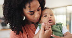 Home, mother and woman with baby, love and bonding with newborn, together or childcare in apartment. Family, mom and person with son in house, parent and affection for infant, embrace and motherhood
