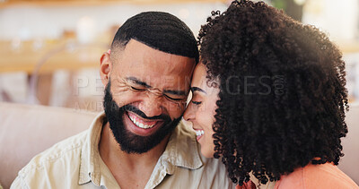 Buy stock photo Happy couple, laughing and funny joke on sofa for humor, comedy or relationship in home. Man, woman or lovers with smile or laughter for gossip, bonding or hilarious conversation together in house