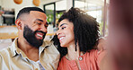 Couple, selfie and happy with hug on couch with laugh, love and connection for post on web in home. Man, woman and embrace with smile for photography, profile picture or social network at apartment
