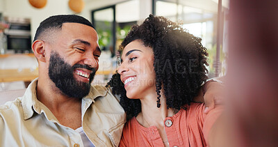 Buy stock photo Couple, selfie or happy with hug on couch with laugh, love or connection for post on web in home. Man, woman and embrace with smile for photography POV, profile picture or social network at apartment