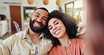 Couple, selfie and happy with portrait in home with laugh, love and connection for post on web in lounge. Man, woman and embrace with smile for photography, profile picture or social media in Brazil