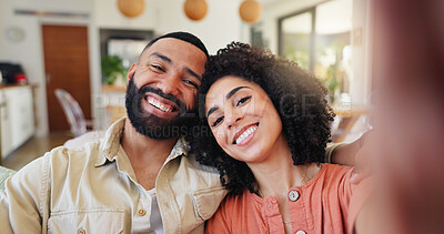 Buy stock photo Couple, selfie and happy with portrait in home with laugh, love and connection for post on web in lounge. Man, woman and POV with smile for photography, profile picture or social media in Brazil