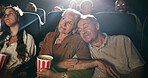 Senior couple, popcorn and sleep at movie theater with smile in crowd, bonding and show on date. Elderly people, relax together and love with fast food, snack and care with film screening at cinema