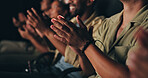 Applause, hands and audience in theatre for movie, comedy show and reaction for film in cinema. Clapping, entertainment and group of men and women for motion picture, premiere success and approval
