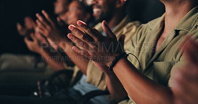 Buy stock photo Applause, hands and audience in theatre for movie, comedy show and reaction for film in cinema. Clapping, entertainment and group of men and women for motion picture, premiere success and approval