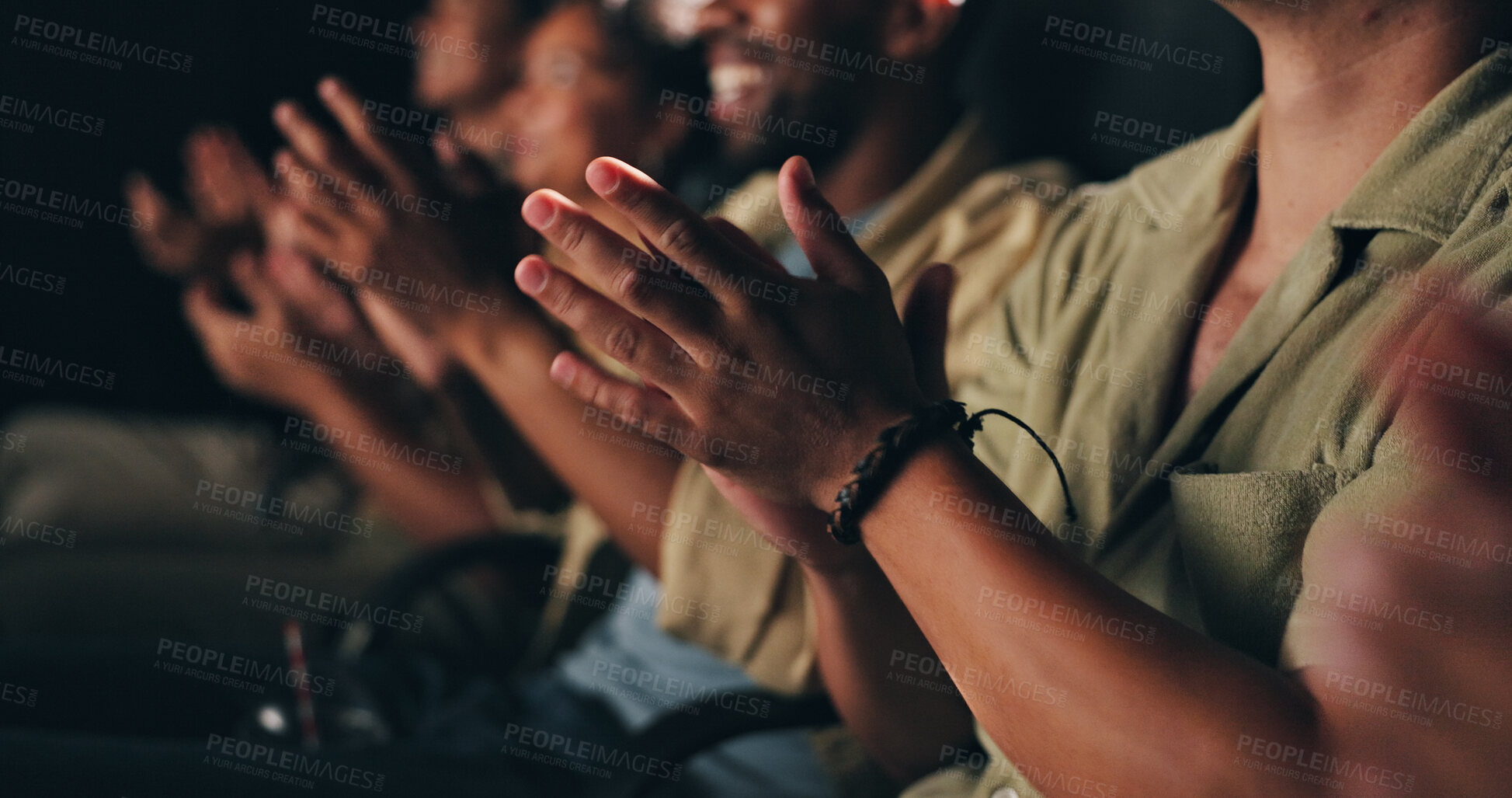 Buy stock photo Applause, hands and audience in theatre for movie, comedy show and reaction for film in cinema. Clapping, entertainment and group of men and women for motion picture, premiere success and approval