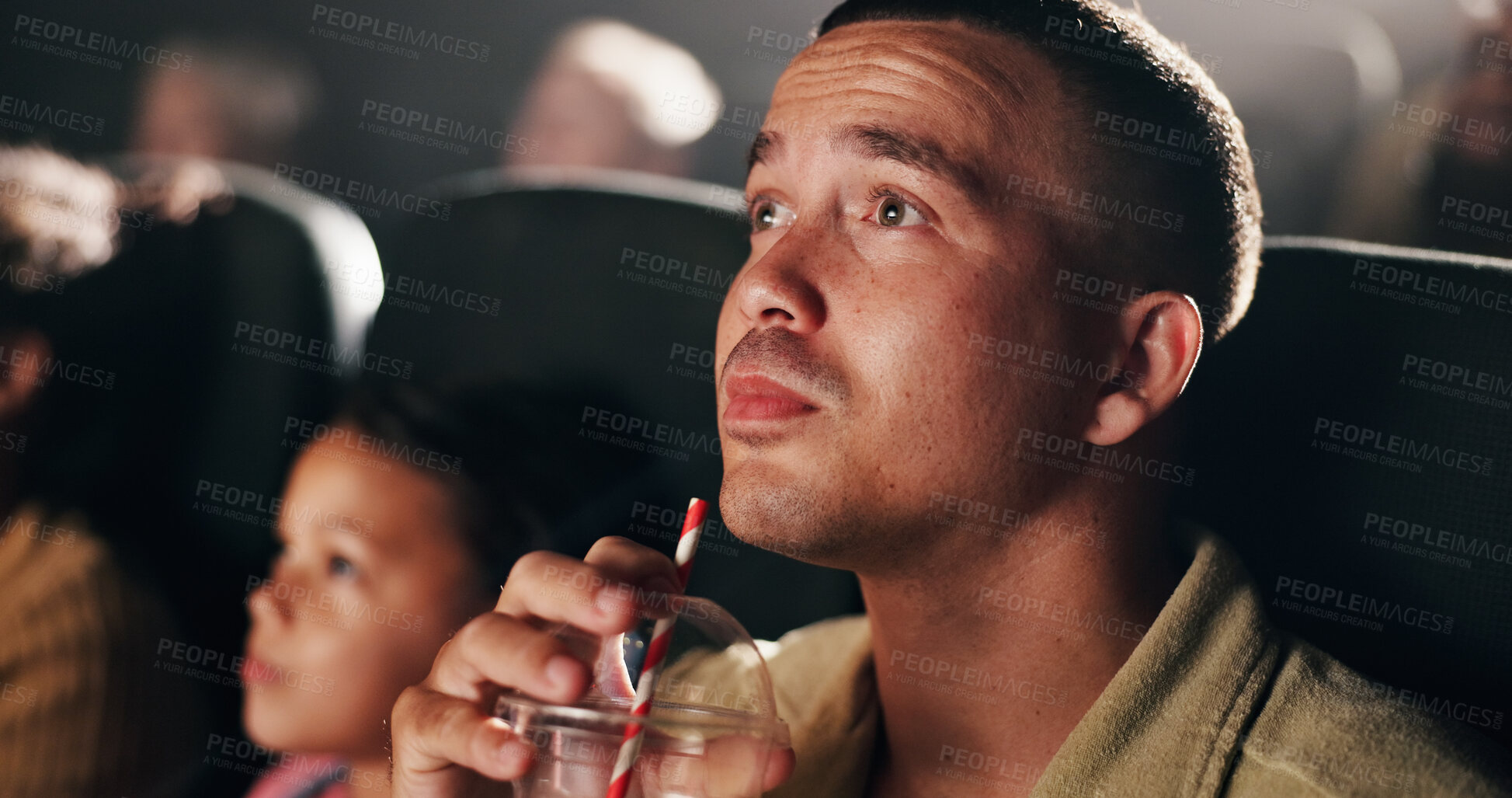 Buy stock photo Movie theater, audience and man with drink, reaction or entertainment on break, dark and projection. Watching, film and person with beverage for fantasy, cinema and spectator at night and weekend