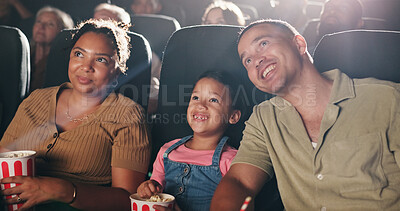 Buy stock photo Family movie, theatre and child with popcorn in cinema for entertainment, experience and watching cartoon. Happy, parents and girl with snacks for screening, animation or film audience for production