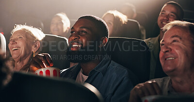 Buy stock photo Watching, film and man with popcorn, movie theater and smile for premiere, weekend or entertainment. Happy, fan and people with snack for fantasy, audience and crowd at cinema, night and laughing