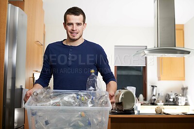 Buy stock photo Recycle, plastics or portrait of man in house for sustainable living or cleaning trash. Eco friendly, donate or container for reusable garbage for waste reduction, renewable energy or recycling junk