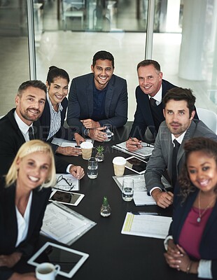 Buy stock photo Business people, happy or portrait in meeting for teamwork, partnership or group collaboration in office. Planning, smile or confident executives for feedback, brainstorming or project in corporate