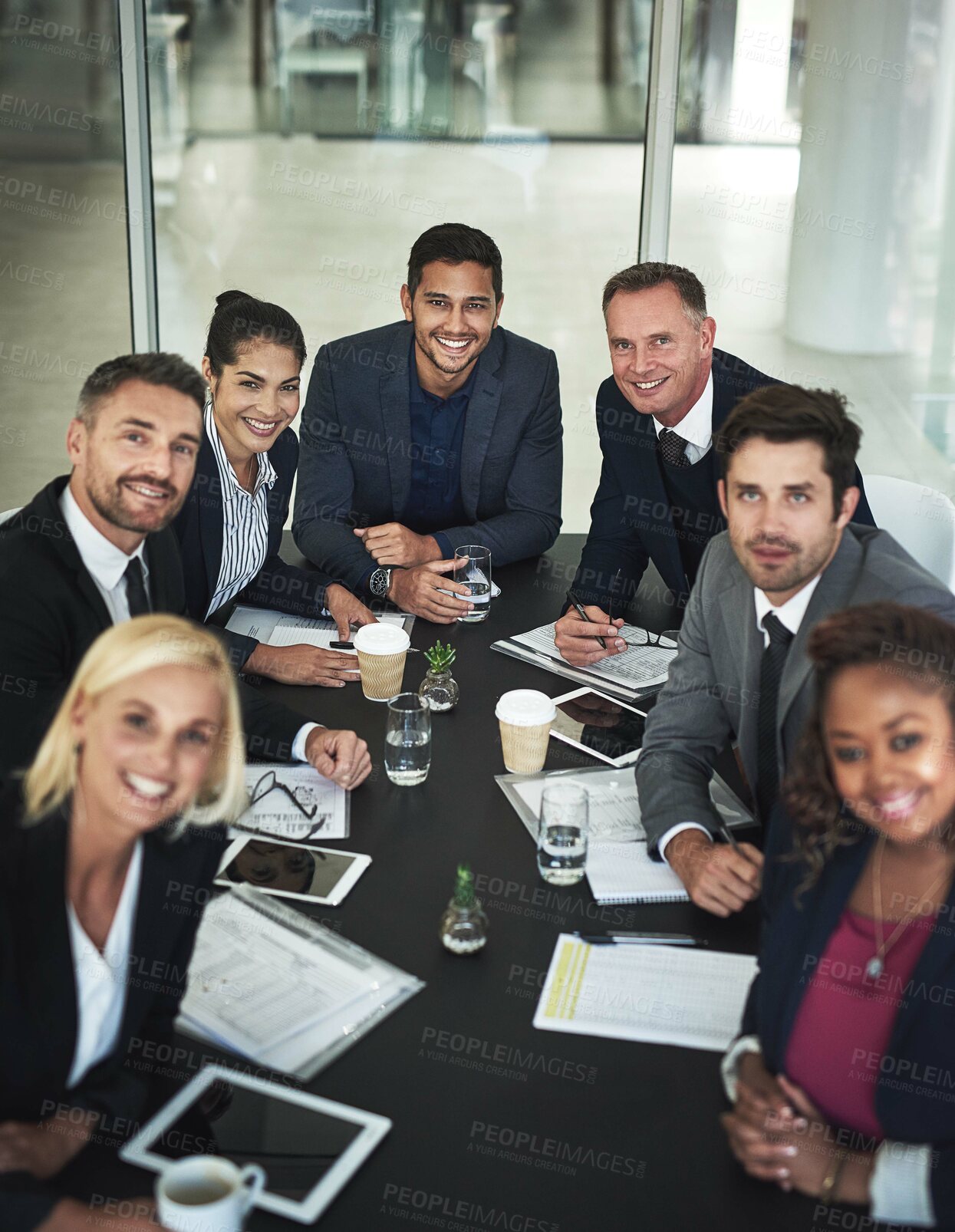Buy stock photo Business people, happy or portrait in meeting for teamwork, partnership or group collaboration in office. Planning, smile or confident executives for feedback, brainstorming or project in corporate