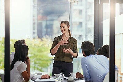 Buy stock photo Woman, leader and business meeting in office with collaboration, ideas or communication with employees. Female manager, teamwork or company with table for presentation, review of global sales