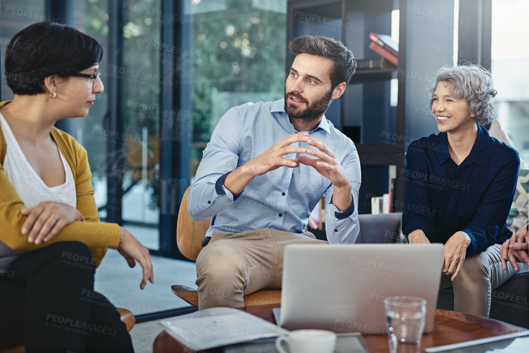 Buy stock photo Tablet, group and business people in office for consulting, online agenda or schedule for planning. Manager, men and women in lobby on digital app for advice, opinion and teamwork at creative agency