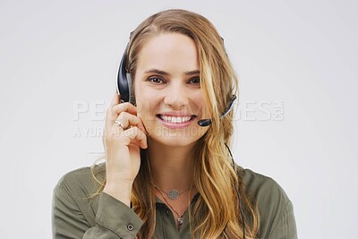 Buy stock photo Portrait, woman and virtual assistant in studio with smile, headset and happy on white background. Female person, consultant and advisor for support, information and crm with mic for communication